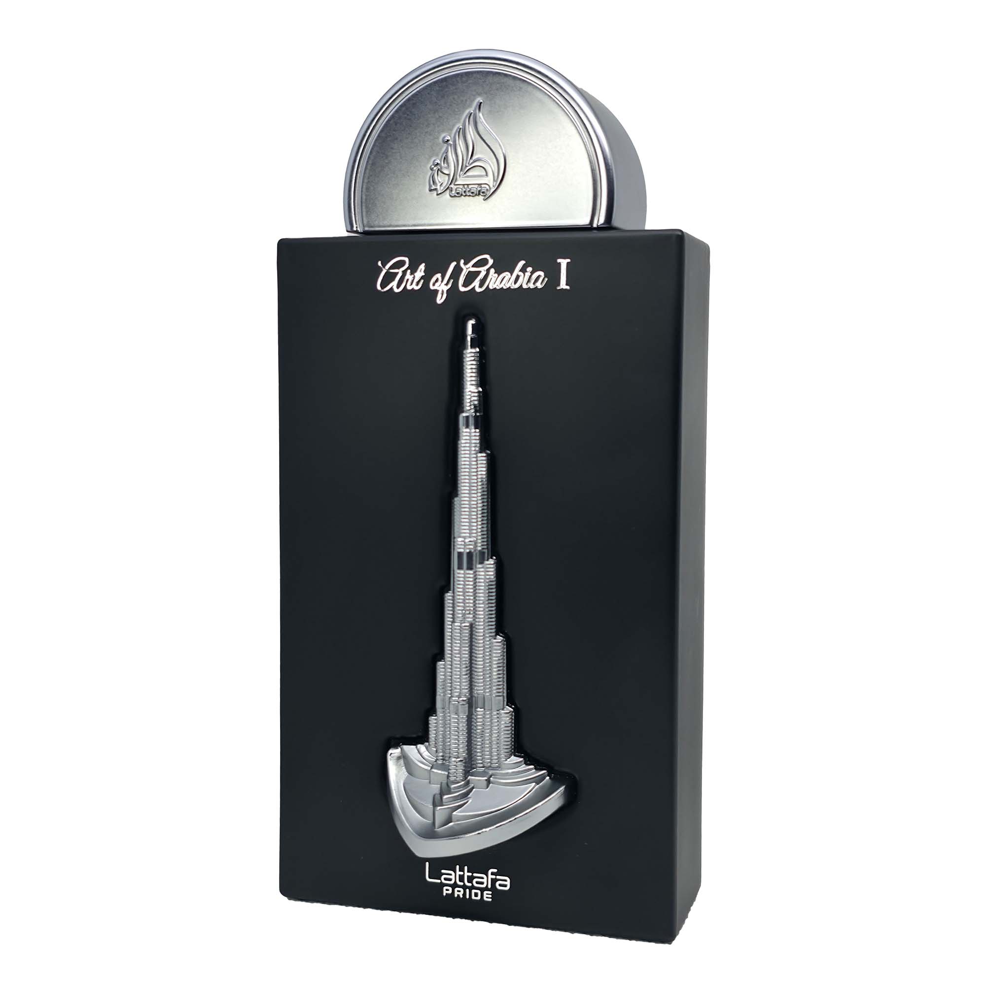 Lattafa Pride Art of Arabia I perfume bottle featuring Burj Khalifa-inspired design in matte black finish