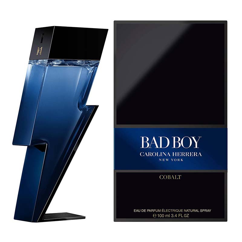 Carolina Herrera Bad Boy Cobalt perfume bottle and packaging on a white background