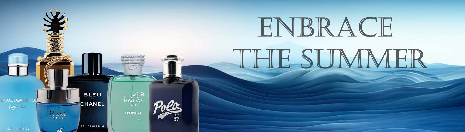 Collection of perfume bottles with a 'Embrace the Summer' text against a blue wave background