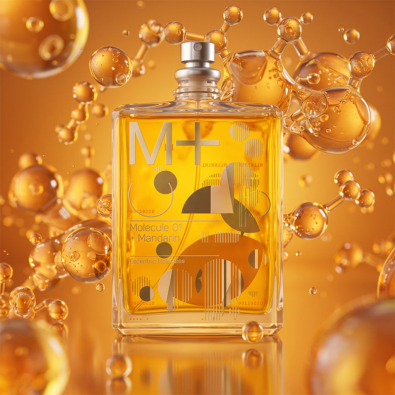Escentric Molecules Molecule 01 Mandarin Fragrance Bottle with Molecule Background