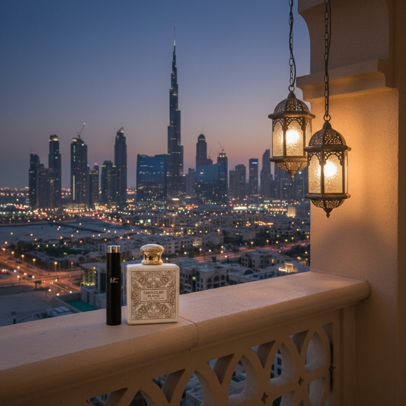 Fragrance World Essence de Blanc Bottle with Dubai City Scape