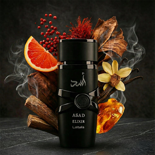 Lattafa Asad Elixir Fragrance Bottle with Notes