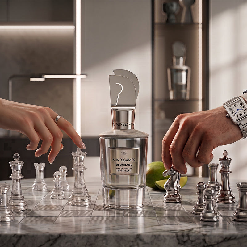 Mind Games Blockade Fragrance Bottle In the Middle of a Chess Game