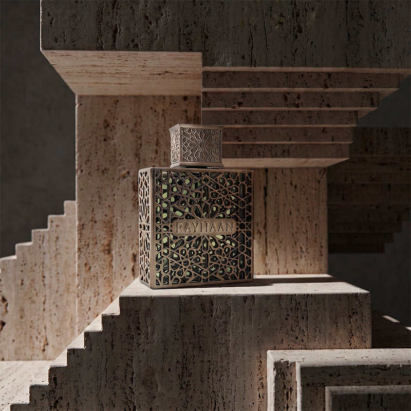 Rayhann Terra Fragrance Bottlein Brutalist Stairs