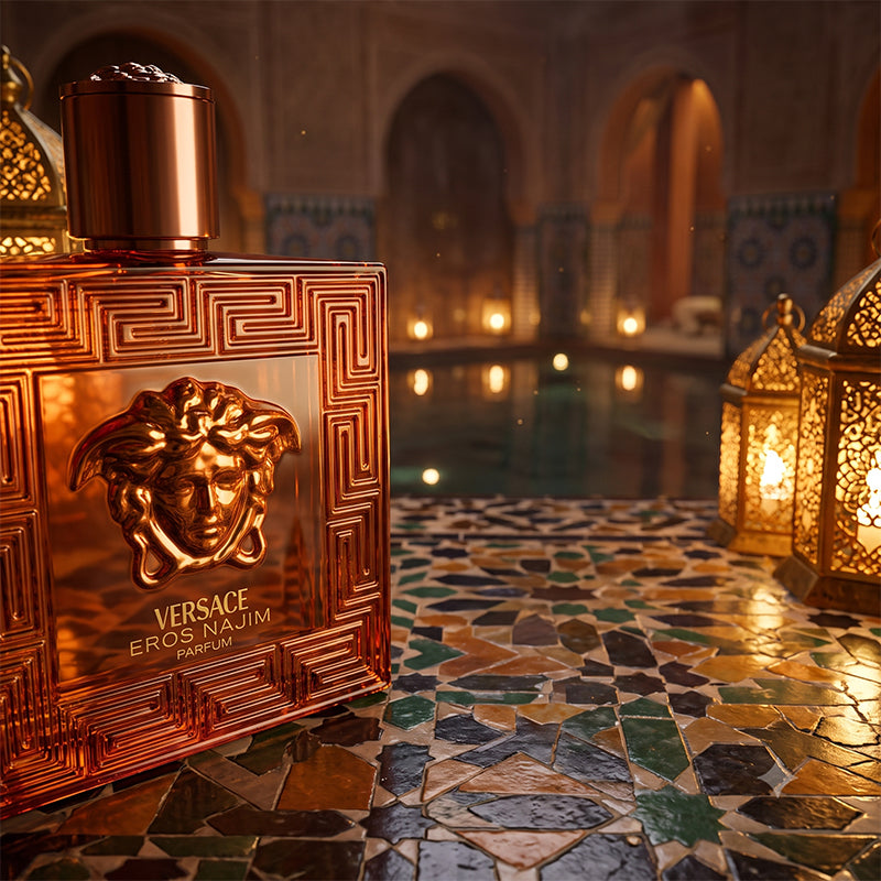 Versace Eros Najim Fragrance Bottle in Hammam Scenery
