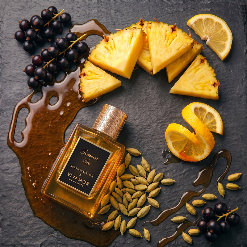 Vivamor Parfums Summer Vice Fragrance Bottle with Fragrance Notes