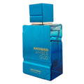 Al Haramain Amber Oud Aqua Dubai Extrait de Parfum bottle in metallic blue with gold lettering