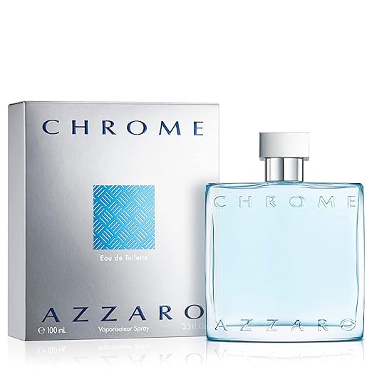 Azzaro Chrome Eau de Toilette bottle with box, featuring sleek silver and blue design