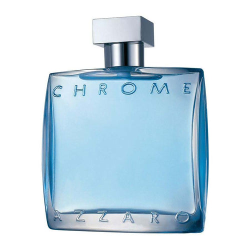 Azzaro Chrome fragrance bottle with light blue liquid and silver cap