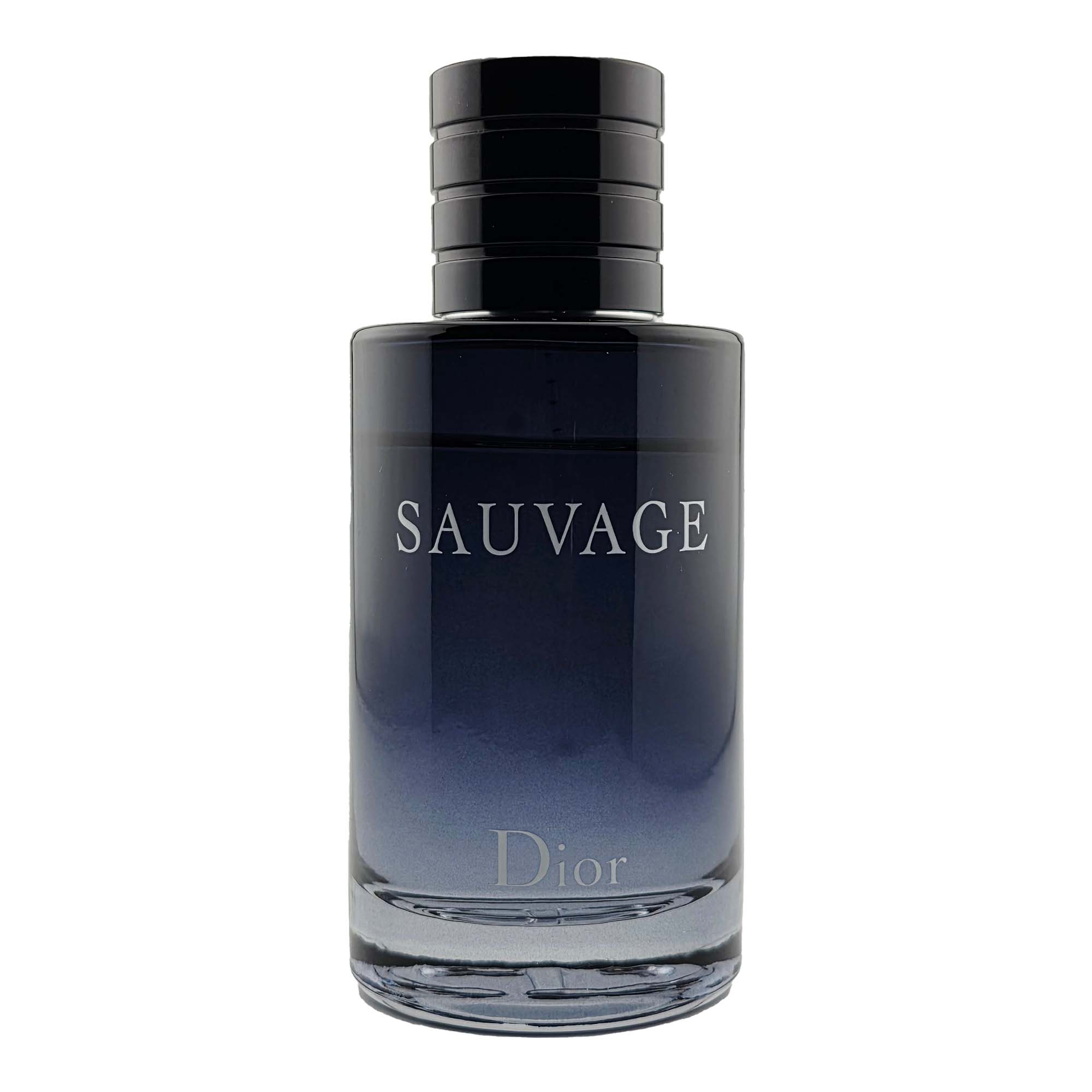 Dior Sauvage Eau de Toilette bottle on white background with gradient black-to-clear glass