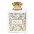 Fragrance World Essence de Blanc perfume bottle with ornate gold floral pattern and white matte finish