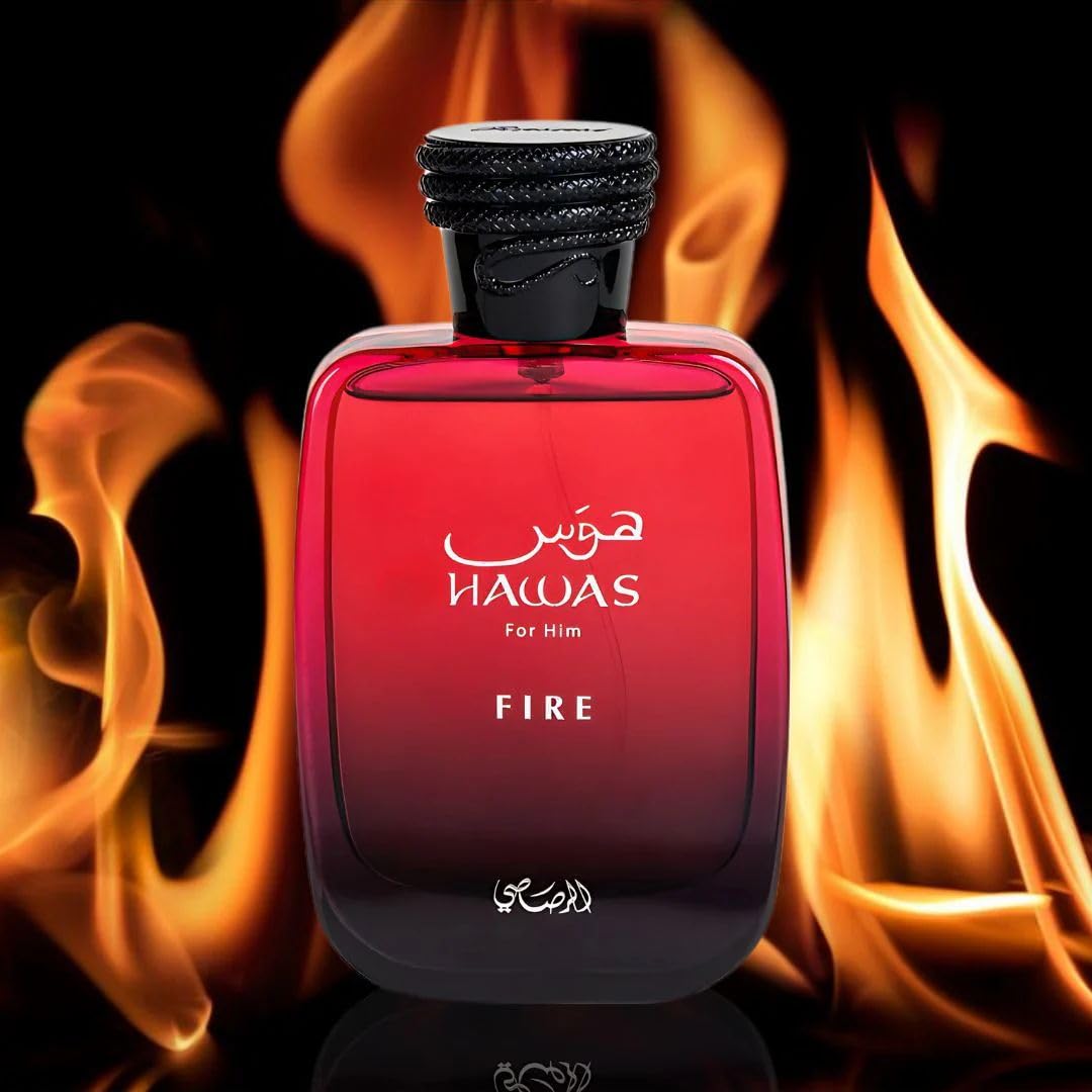 Hawas Fire by Rasasi EDP bottle with flames in the background, capturing its bold, spicy, and warm fragrance profile.