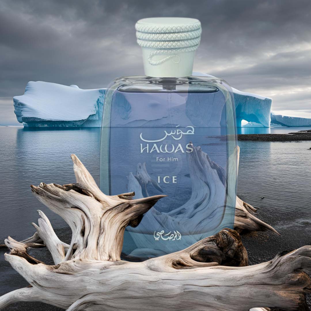 Hawas Ice by Rasasi EDP bottle with arctic driftwood and iceberg backdrop, symbolizing its fresh and cool character.