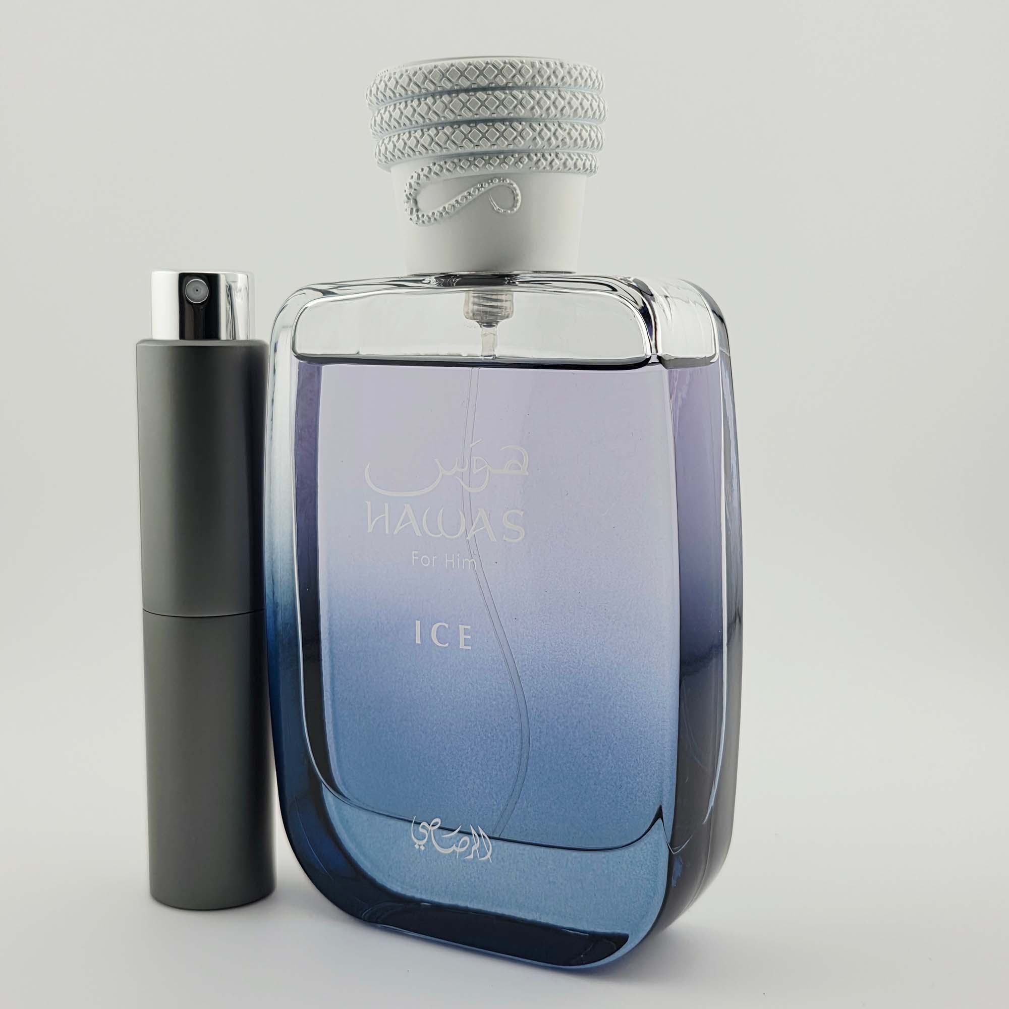 Hawas Ice by Rasasi EDP bottle with travel atomizer on white background