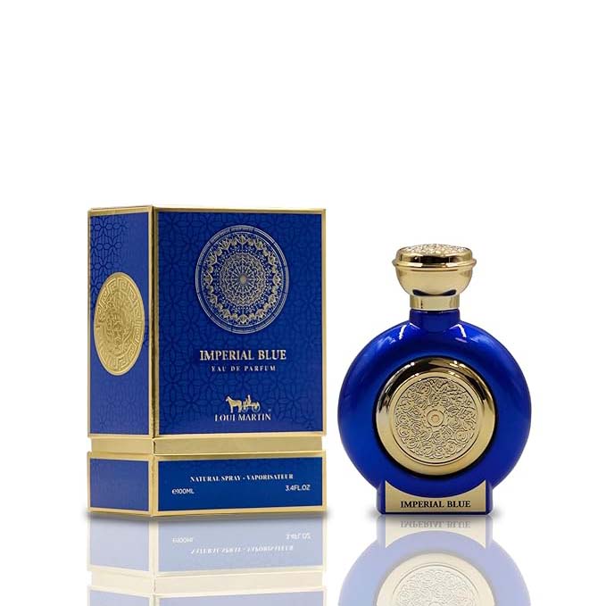 Imperial Blue by Loui Martin Eau de Parfum with bold royal blue bottle and gold detailing