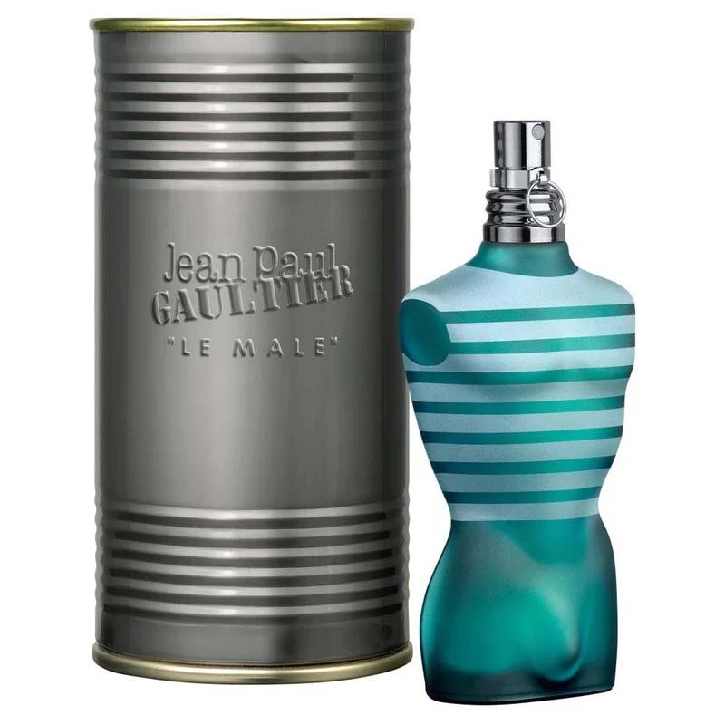 Jean Paul Gaultier Le Male EDT with signature torso bottle and metallic can packaging