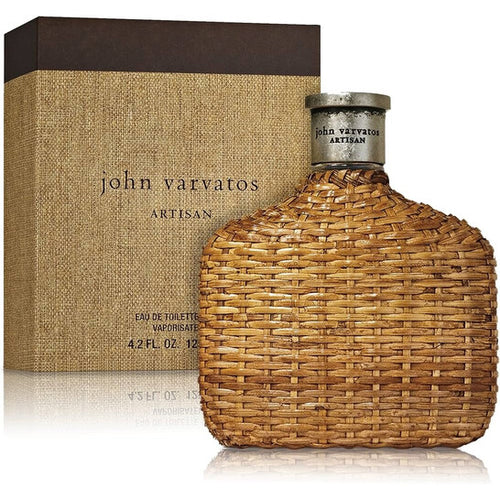 John Varvatos Artisan EDT bottle with textured box packaging and hand-woven rattan exterior