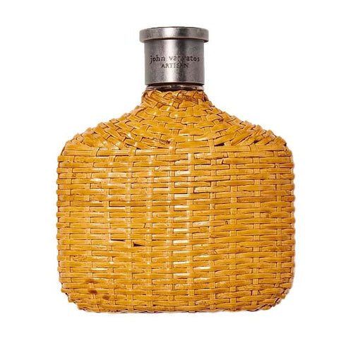 John Varvatos Artisan cologne bottle wrapped in natural woven rattan with metal cap