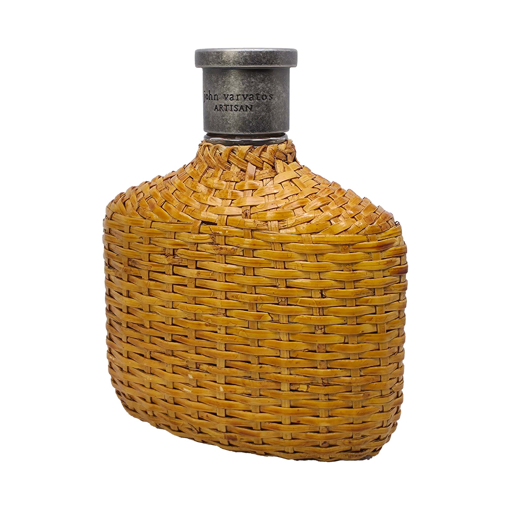 John Varvatos Artisan fragrance bottle angled view with hand-woven rattan design and rustic metal cap
