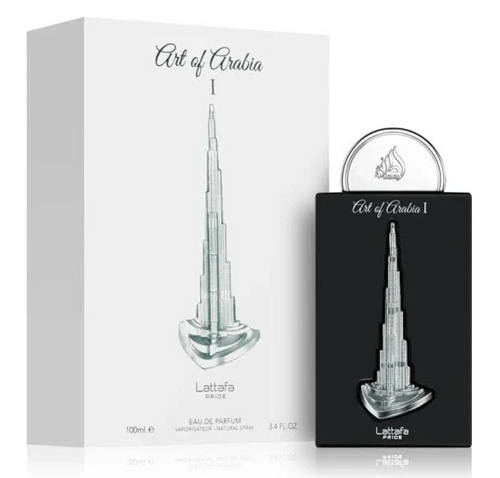 Lattafa Art of Arabia I perfume with packaging, featuring Burj Khalifa bottle design and matching white box