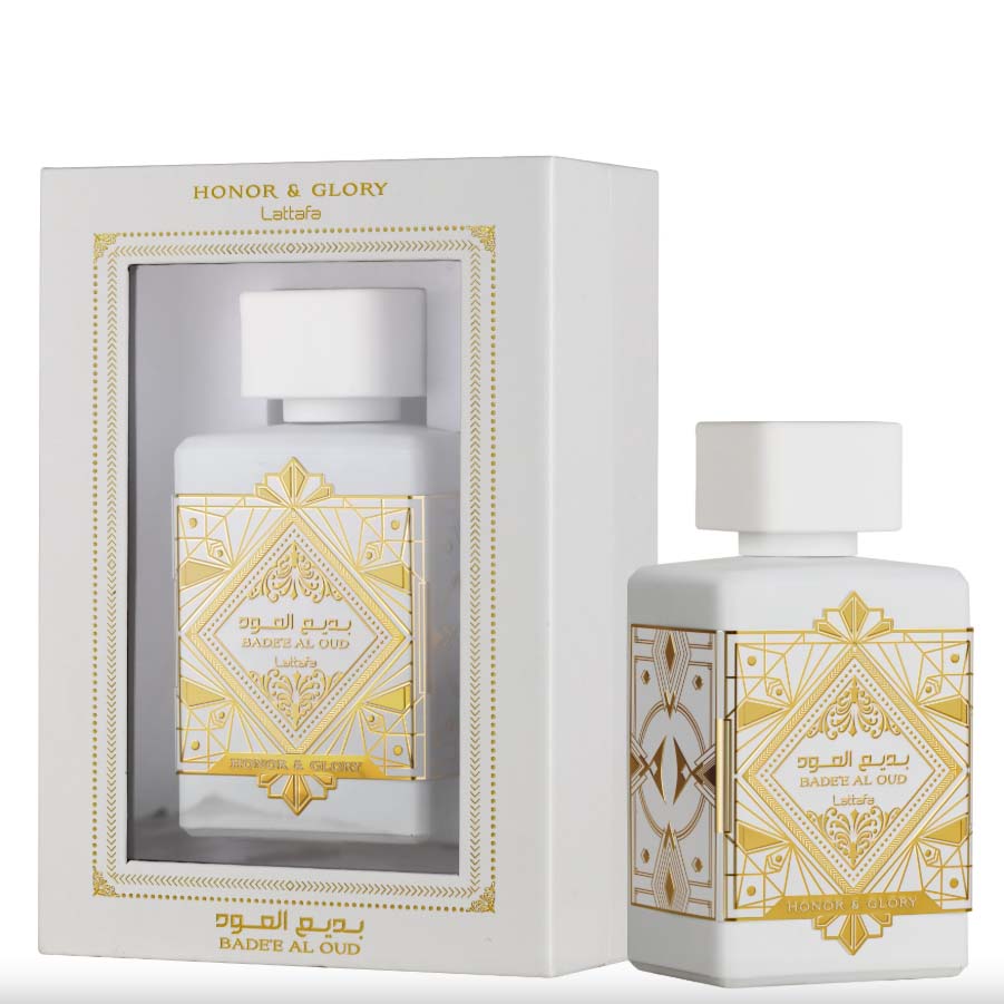 Lattafa Bade'e Al Oud Honor & Glory perfume bottle with packaging box front and side view
