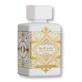 Lattafa Bade'e Al Oud Honor & Glory EDP in white and gold bottle with ornate geometric design