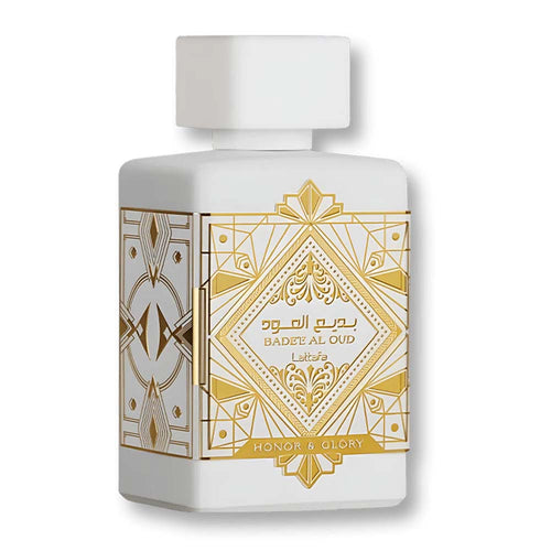 Lattafa Bade'e Al Oud Honor & Glory EDP in white and gold bottle with ornate geometric design