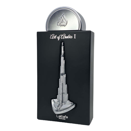 Lattafa Pride Art of Arabia I perfume bottle featuring Burj Khalifa-inspired design in matte black finish