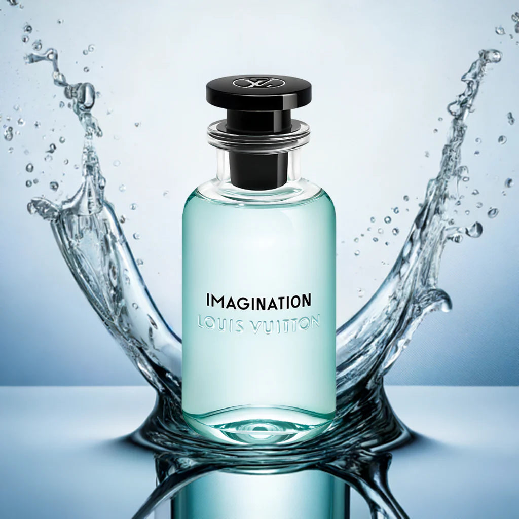 Louis Vuitton Imagination perfume bottle with water splash background
