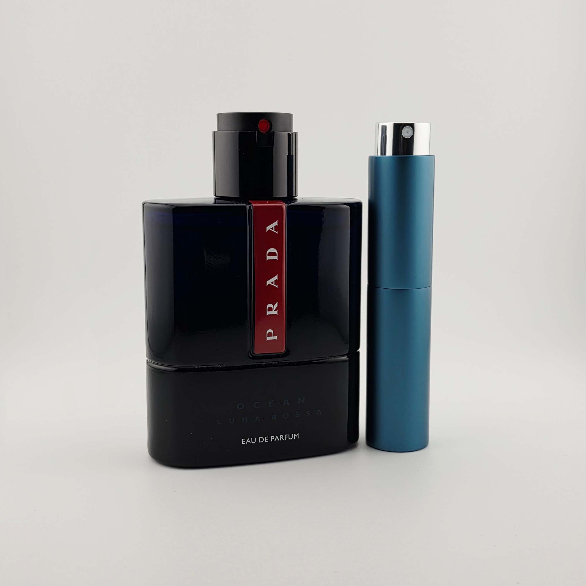 Luna Rossa Ocean by Prada EDP bottle with travel atomizer