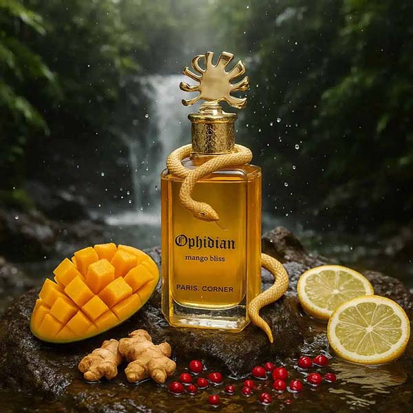 Ophidian perfume bottle with mangos and lemons slices in a  nature scenery with a water fall in the background.