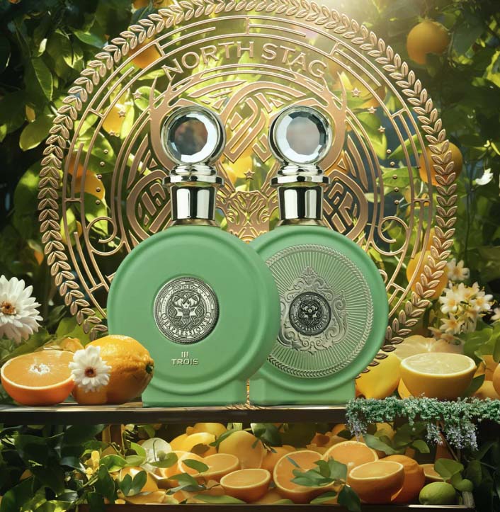 Two North Stag Expressions III Trois by Paris Corner Fragrance bottles one facing forward and one facing back  with citrus background.