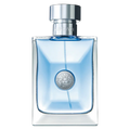 Versace Pour Homme bottle with silver cap and light blue juice, showcasing the Medusa emblem and classic transparent design on a transparent background.