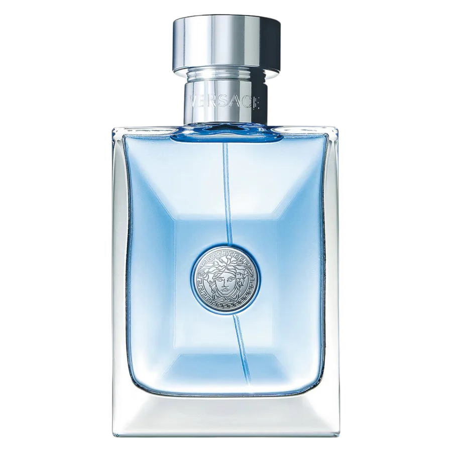Versace Pour Homme bottle with silver cap and light blue juice, showcasing the Medusa emblem and classic transparent design on a transparent background.