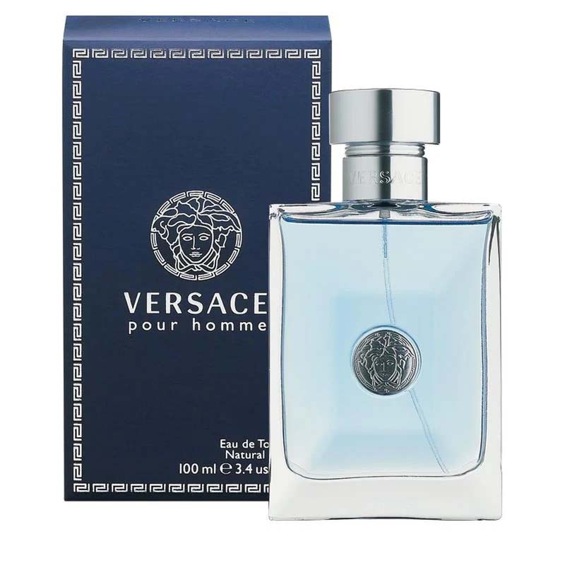 Versace Pour Homme EDT bottle and retail box featuring Medusa emblem and blue packaging, 100ml