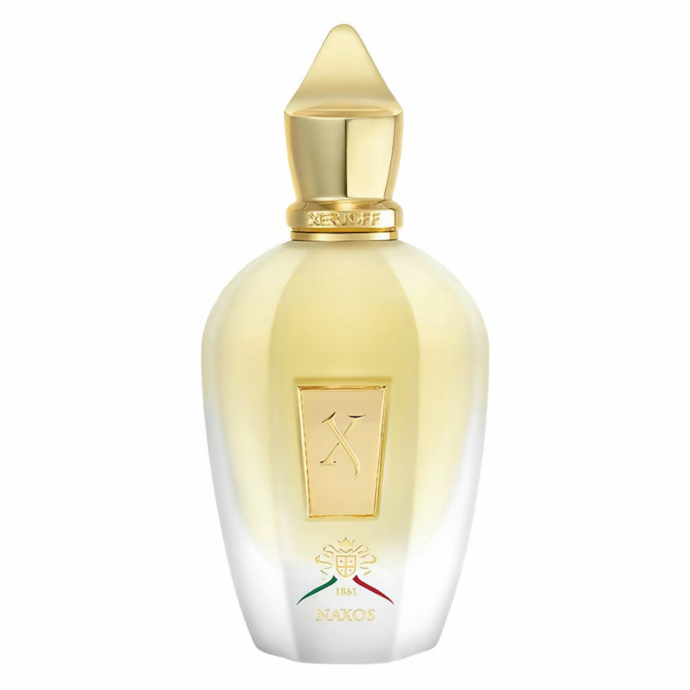 XJ 1861 Naxos by Xerjoff EDP front facing bottle with gold cap on plain white background.